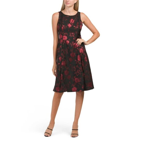 NWT Adrianna Papell Faux Pearl Trim Metallic Floral Print Jacquard Fit & Flare M
